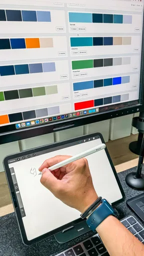 Designer sketching on a tablet with colour palettes on the monitor