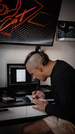 Designer working late in a neon lit studio